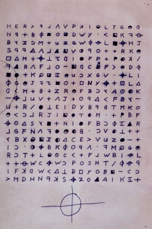 A handwritten card with 20 rows of 17 symbols: letters, some reversed or rotated, and filled and open shapes, above a circle with a cross through it